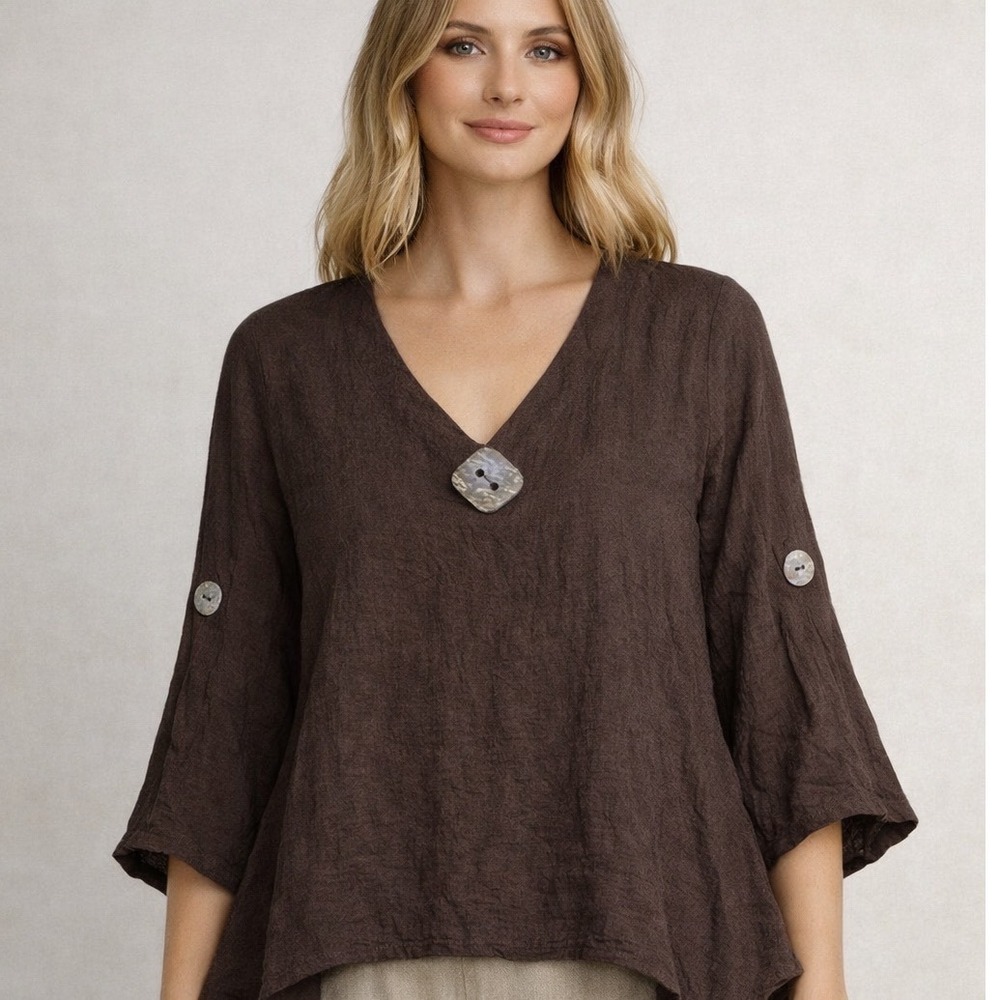 Pleasant Shade Tunic Top Womens Medium‎ Brown Handkerchief Hem Boho Lagenlook